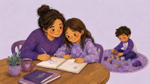 A mother and her older daughter sitting together at a kitchen table over a shared notebook while her younger son plays on the floor behind them