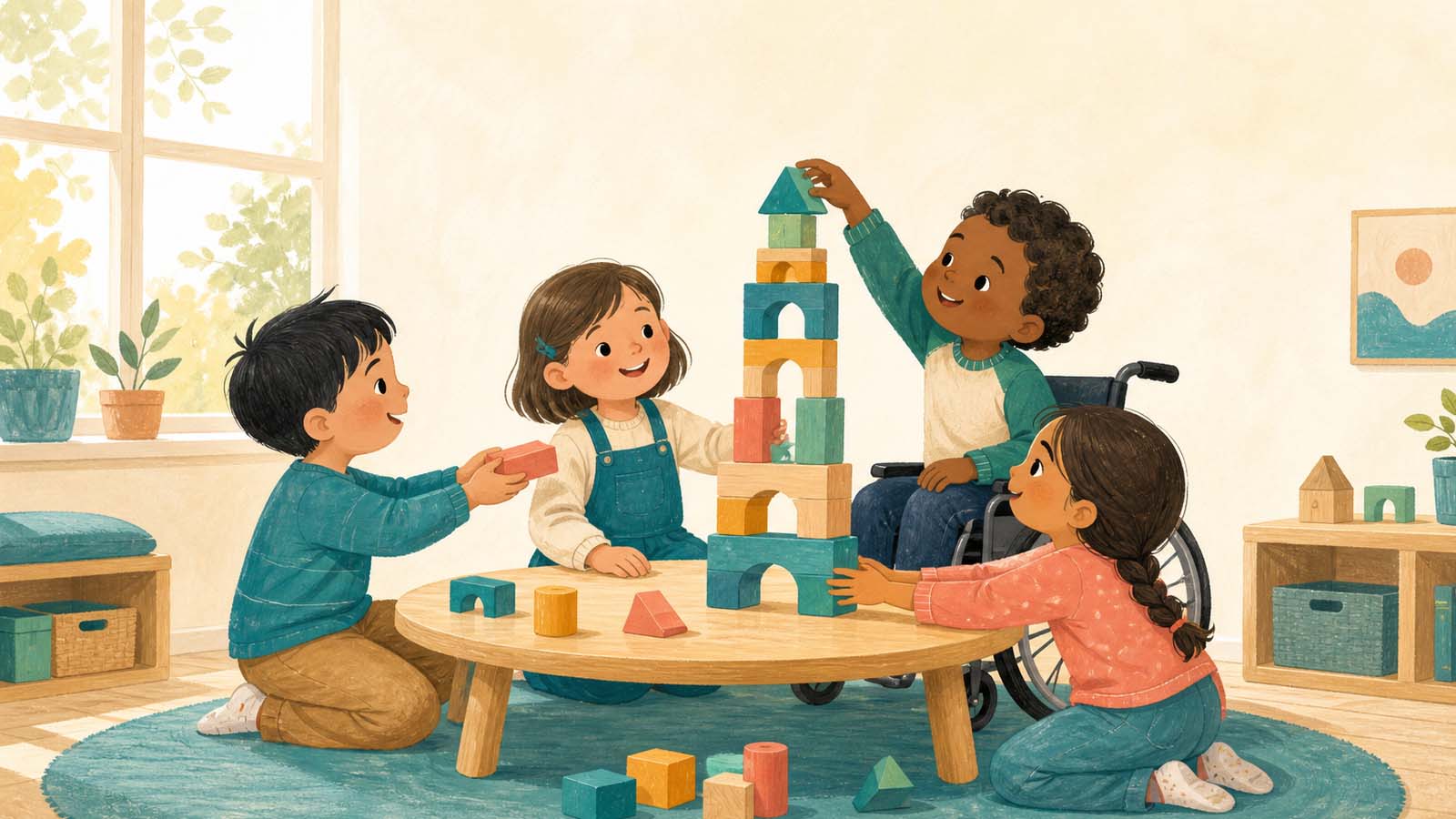 Illustration of four children building a block tower together, one child using a wheelchair adding a piece to the top