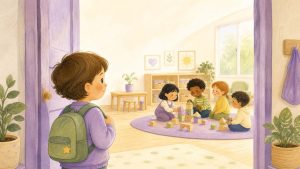 Illustration of a child with a backpack at a classroom doorway watching a group of children play together